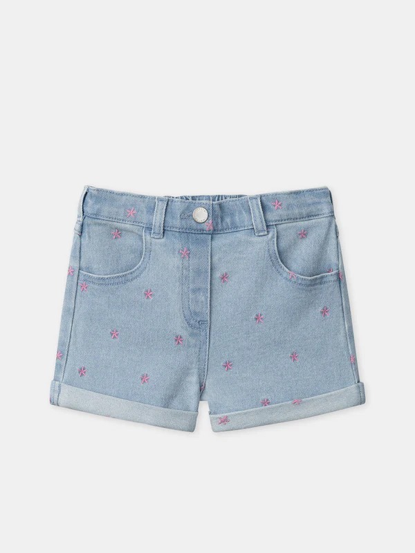 Short fille Sergent Major en denim clair à broderies roses